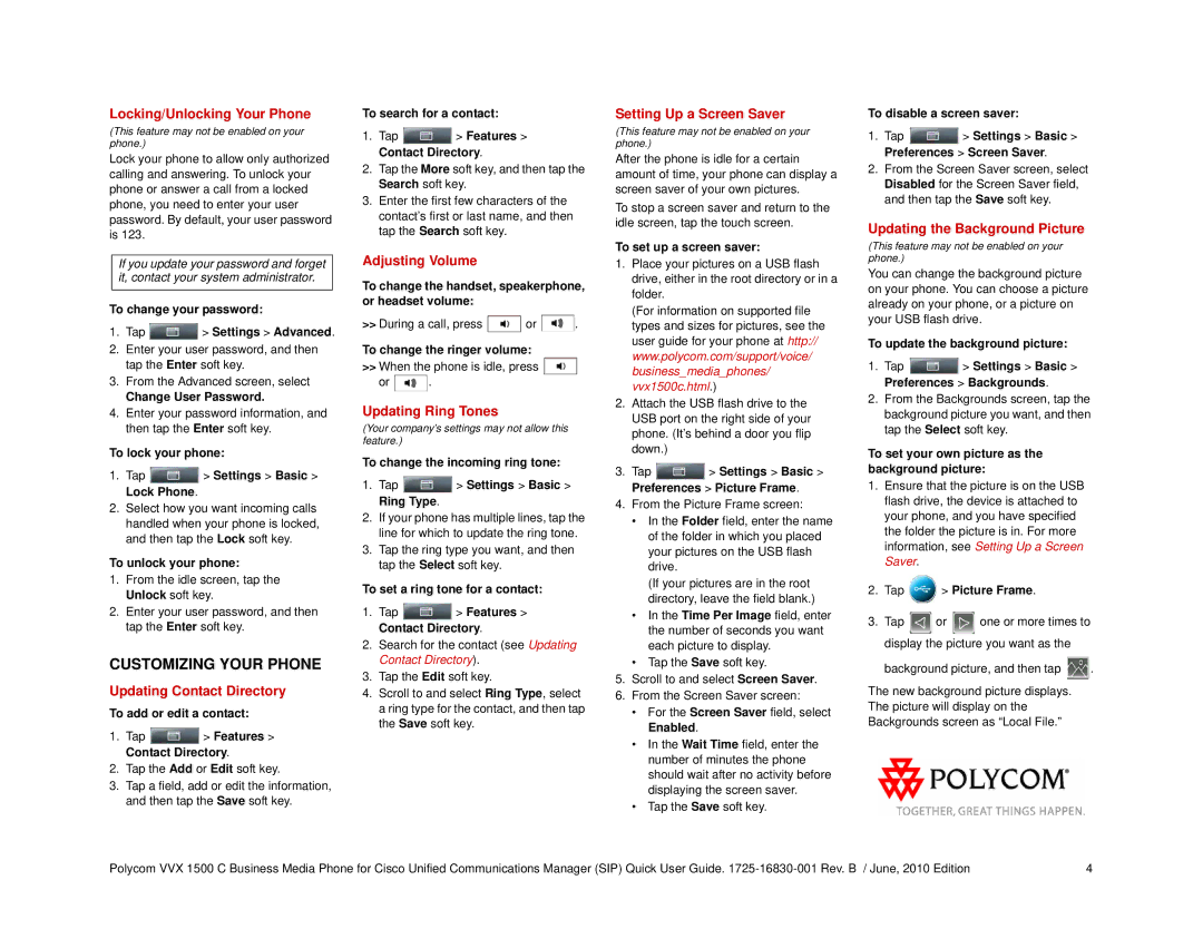 Polycom 1725-16830-001 Locking/Unlocking Your Phone, Updating Contact Directory, Adjusting Volume, Updating Ring Tones 