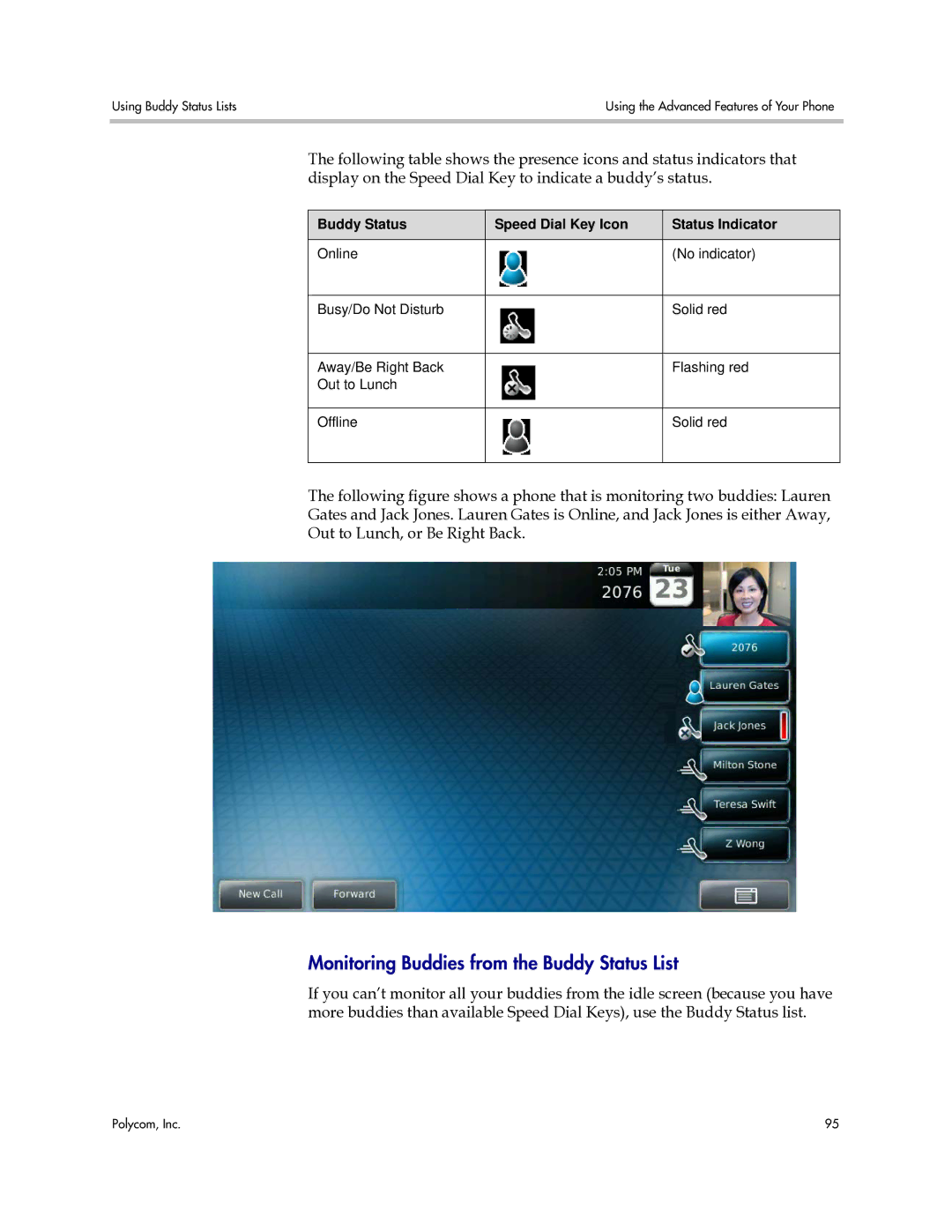 Polycom 1725-16843-001 Monitoring Buddies from the Buddy Status List, Buddy Status Speed Dial Key Icon Status Indicator 