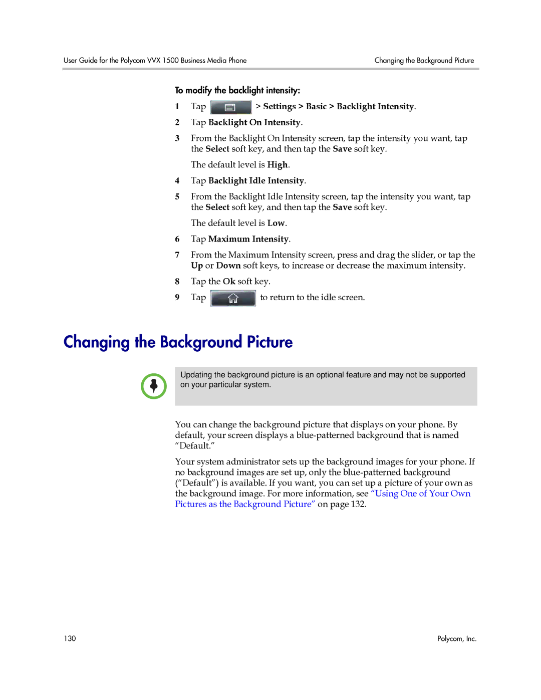 Polycom 1725-16843-001 manual Changing the Background Picture, Tap Backlight Idle Intensity, Tap Maximum Intensity 