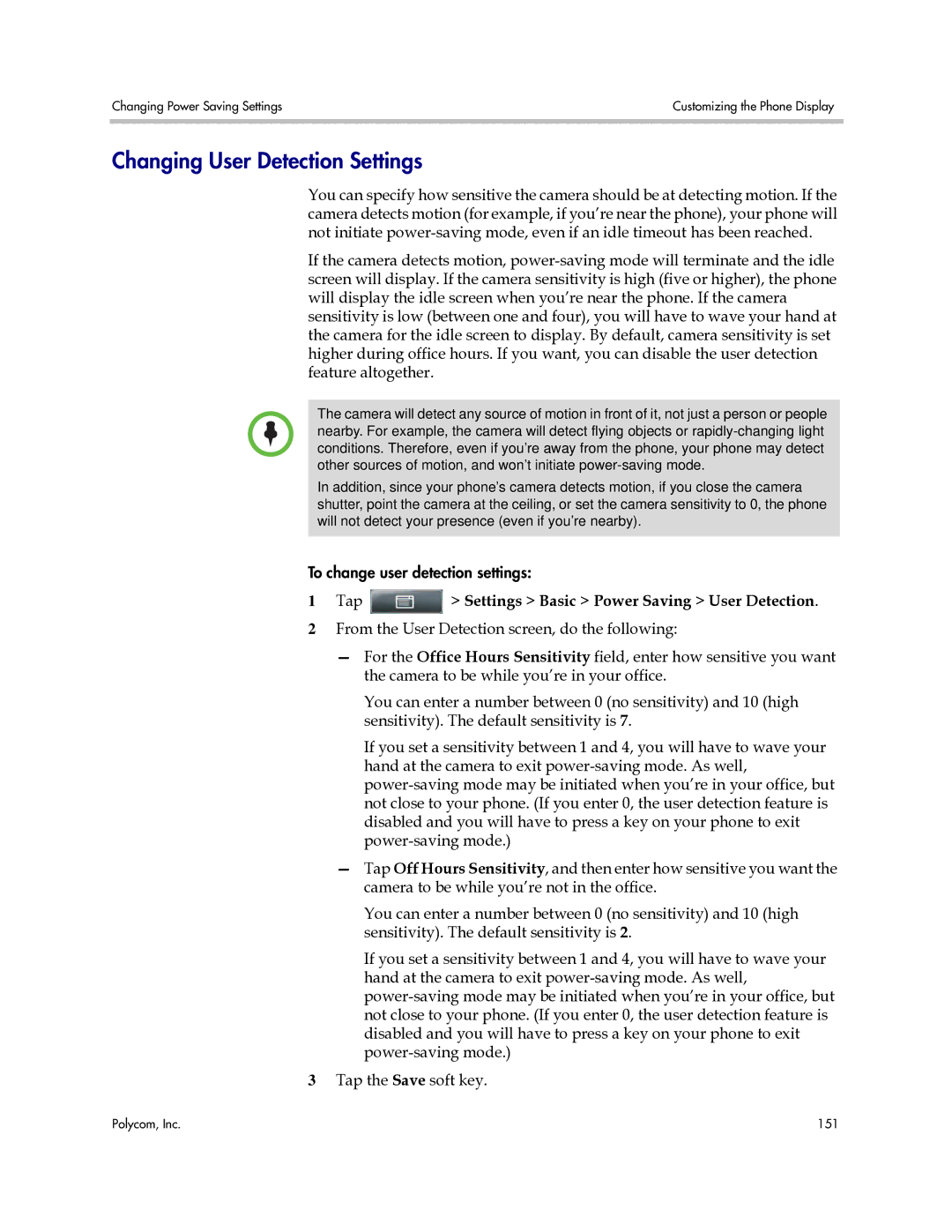 Polycom 1725-16843-001 manual Changing User Detection Settings, Tap Settings Basic Power Saving User Detection 