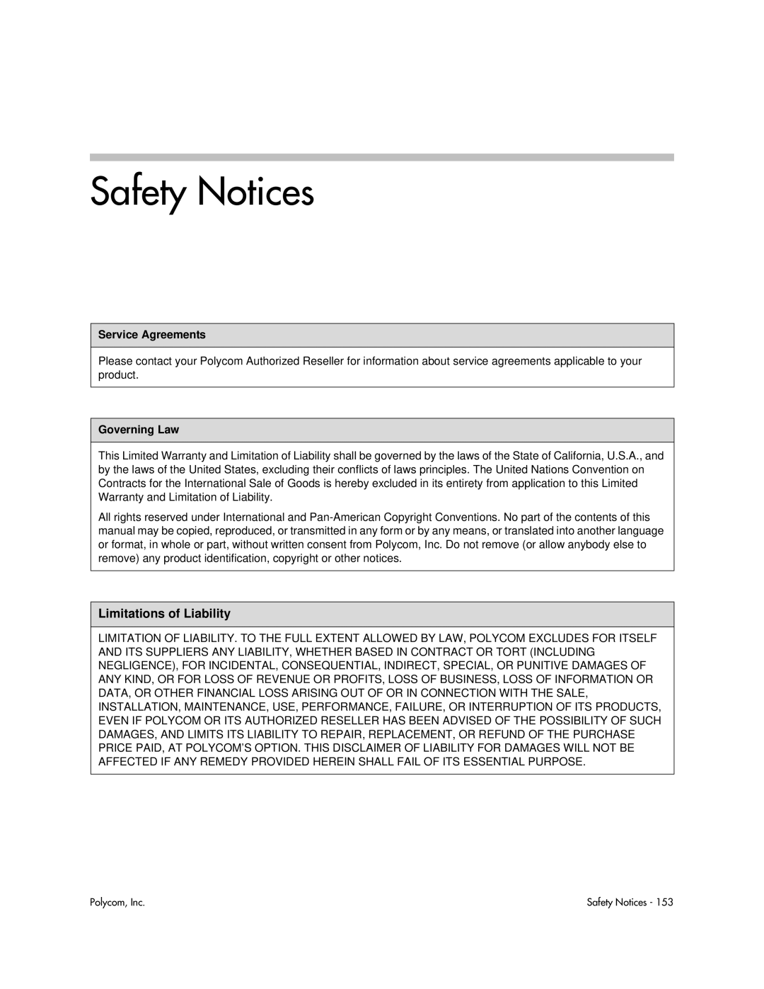 Polycom 1725-16843-001 manual Service Agreements, Governing Law 