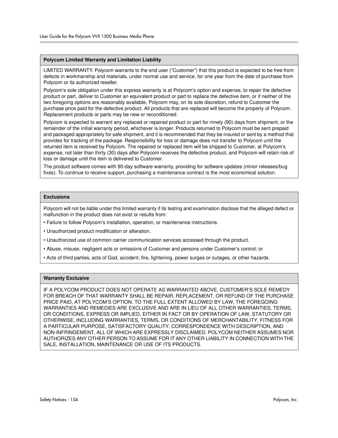 Polycom 1725-16843-001 manual Polycom Limited Warranty and Limitation Liability, Exclusions, Warranty Exclusive 