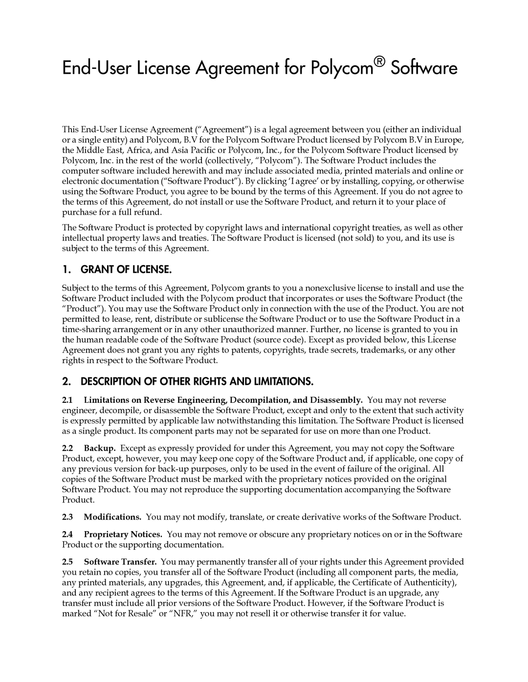 Polycom 1725-16843-001 manual End-User License Agreement for Polycom Software 