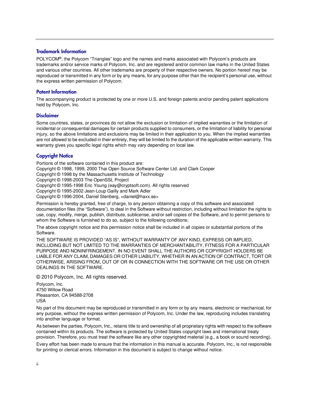 Polycom 1725-16843-001 manual Trademark Information 