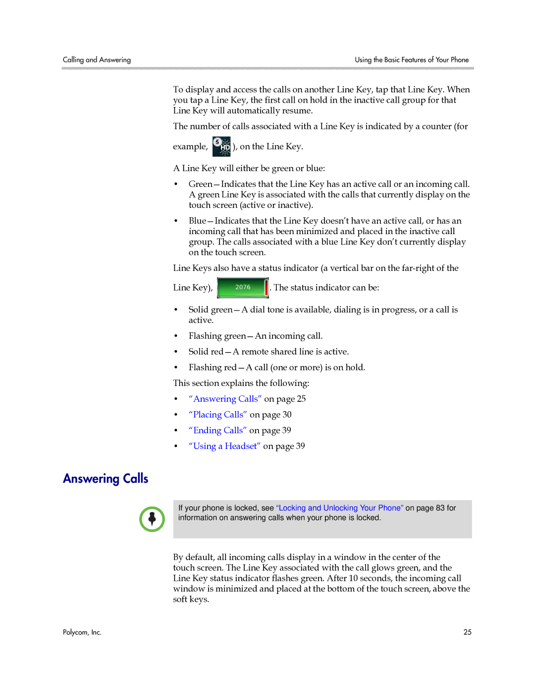 Polycom 1725-16843-001 manual Answering Calls 