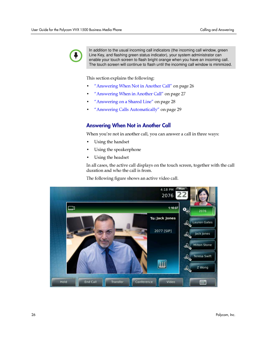 Polycom 1725-16843-001 manual Answering When Not in Another Call 