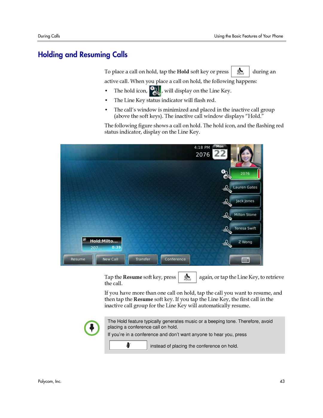 Polycom 1725-16843-001 manual Holding and Resuming Calls 