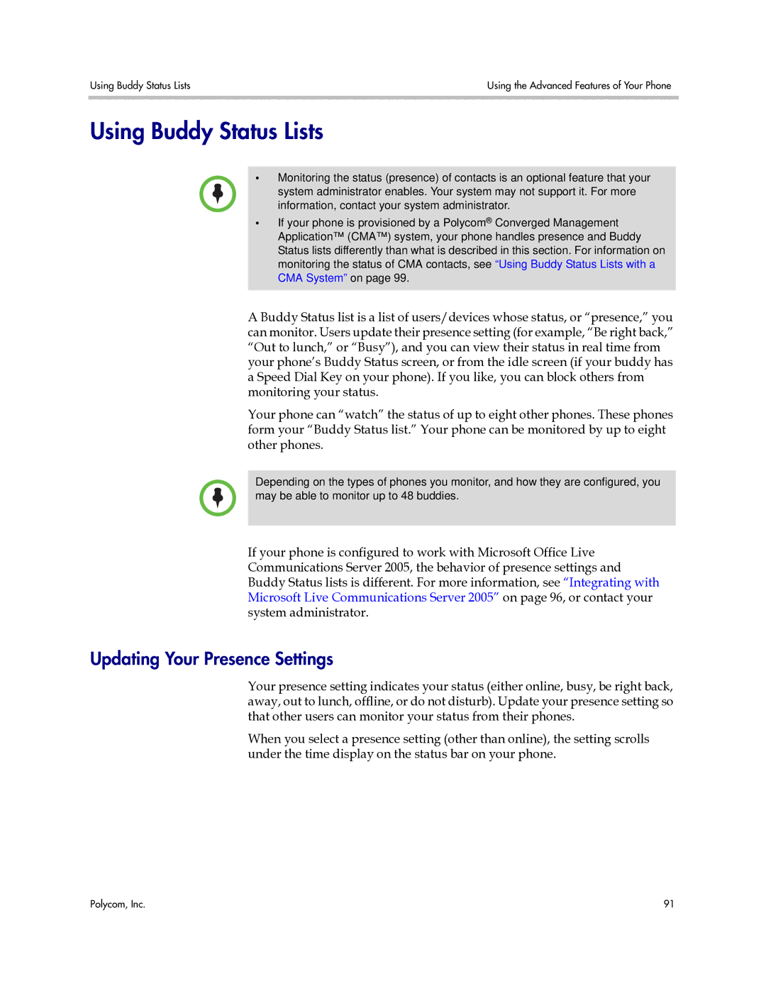 Polycom 1725-16843-001 manual Using Buddy Status Lists, Updating Your Presence Settings 