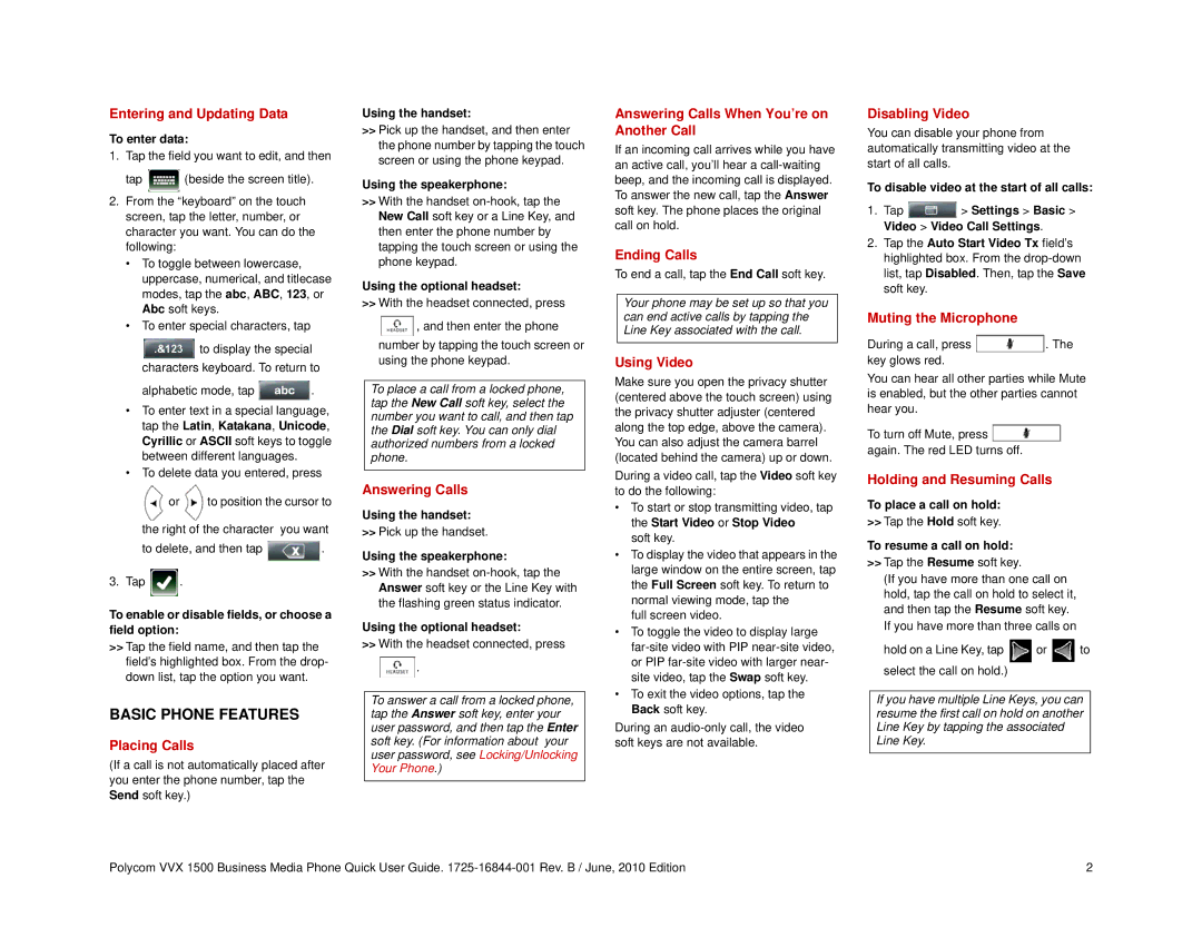Polycom 1725-16844-001 manual Entering and Updating Data, Placing Calls, Answering Calls, Ending Calls, Using Video 