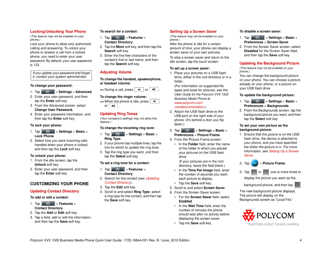 Polycom 1725-16844-001 Locking/Unlocking Your Phone, Updating Contact Directory, Adjusting Volume, Updating Ring Tones 