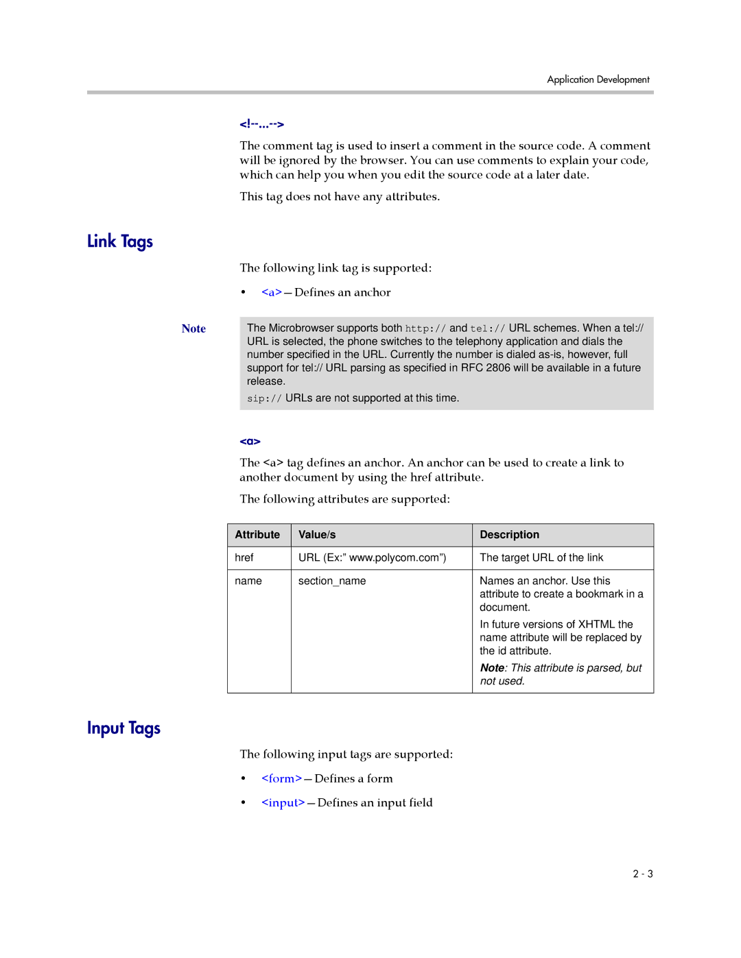 Polycom 1725-17693-210 Rev. A manual Link Tags, Input Tags, Following link tag is supported Defines an anchor 