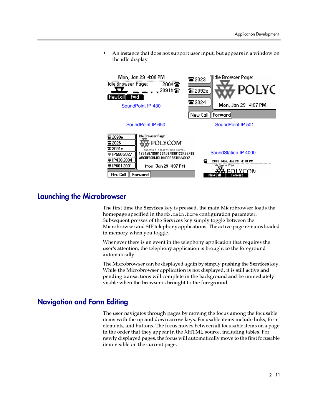 Polycom 1725-17693-210 Rev. A manual Launching the Microbrowser, Navigation and Form Editing 