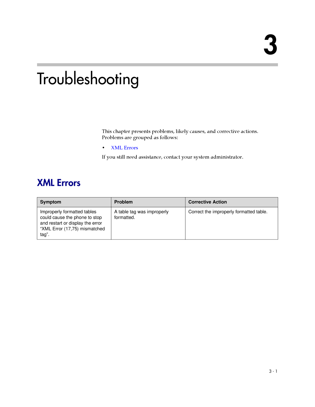 Polycom 1725-17693-210 Rev. A manual Troubleshooting, XML Errors, Symptom Problem Corrective Action 