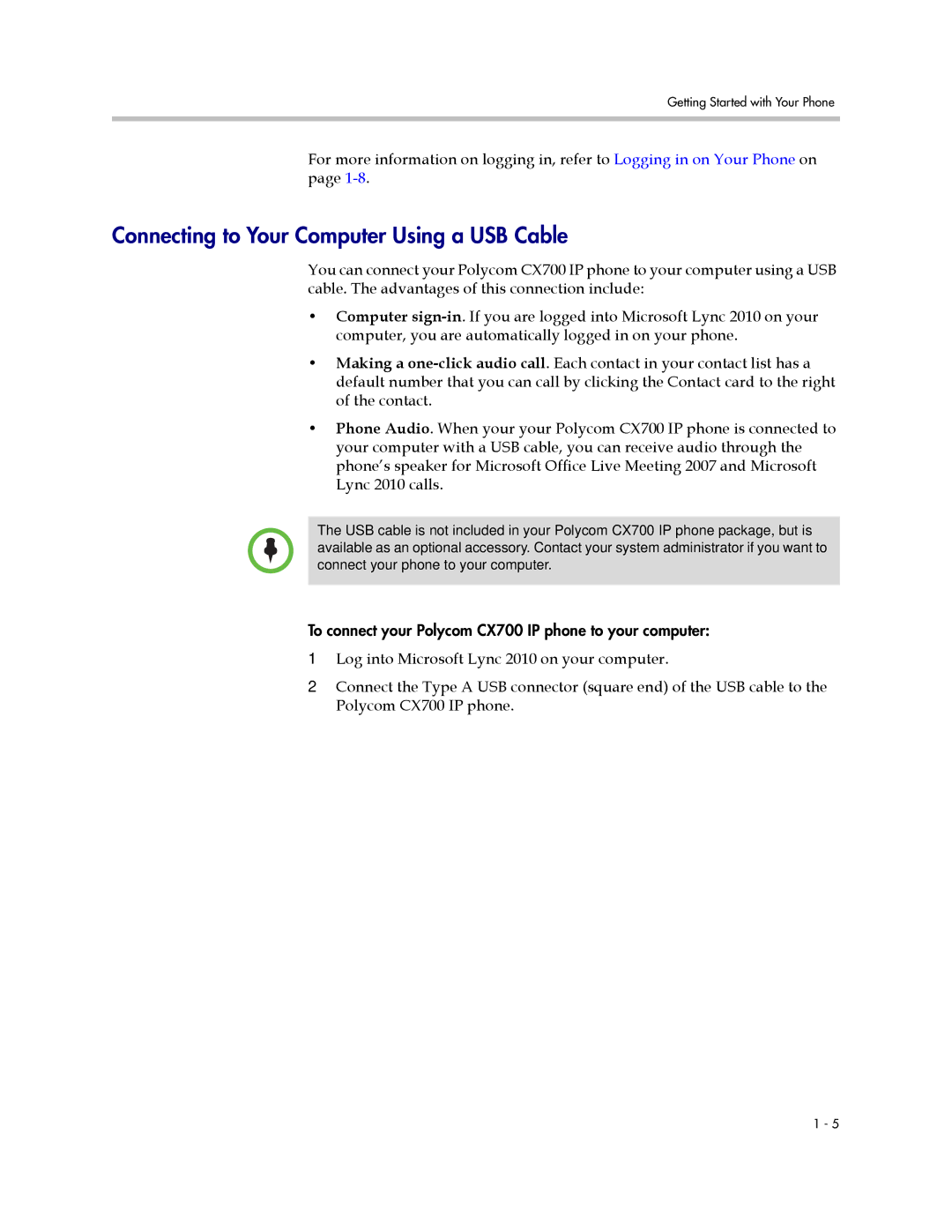 Polycom 1725-31402-001 manual Connecting to Your Computer Using a USB Cable 