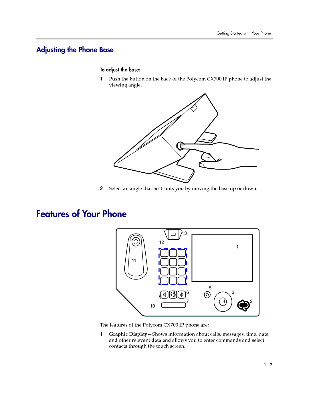 Polycom 1725-31402-001 manual Features of Your Phone, Adjusting the Phone Base 