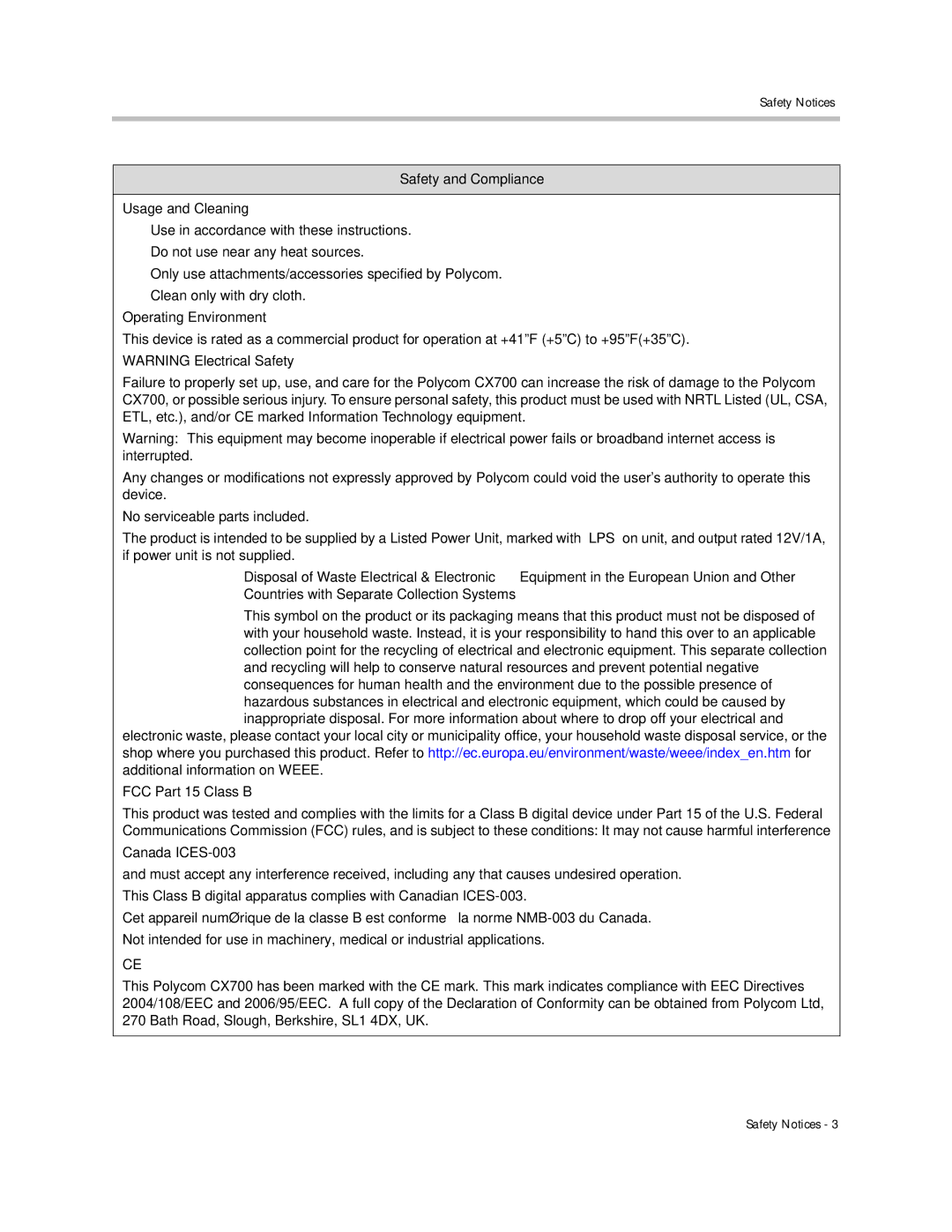 Polycom 1725-31402-001 manual Safety and Compliance Usage and Cleaning 