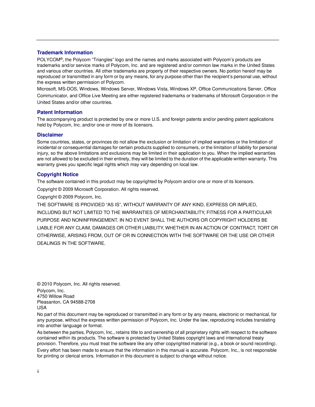 Polycom 1725-31424-001 manual Trademark Information 