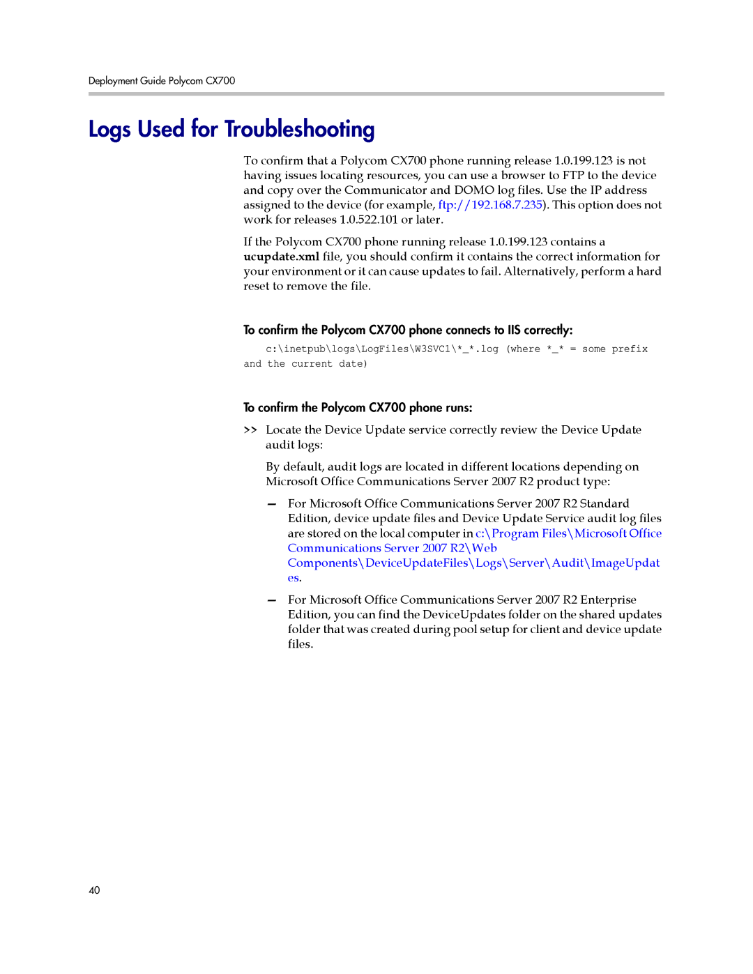 Polycom 1725-31424-001 manual Logs Used for Troubleshooting 