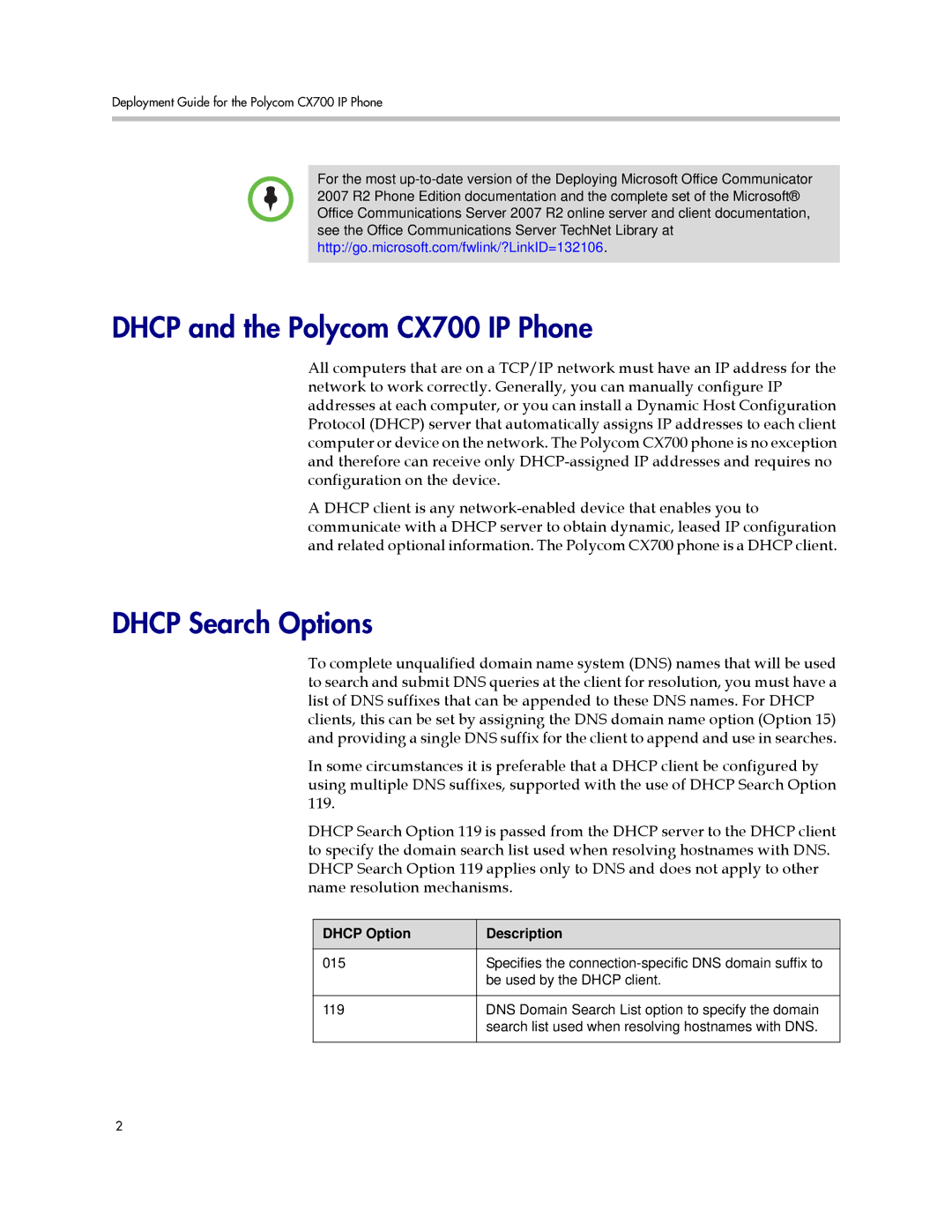 Polycom 1725-31424-001 manual Dhcp and the Polycom CX700 IP Phone, Dhcp Search Options 