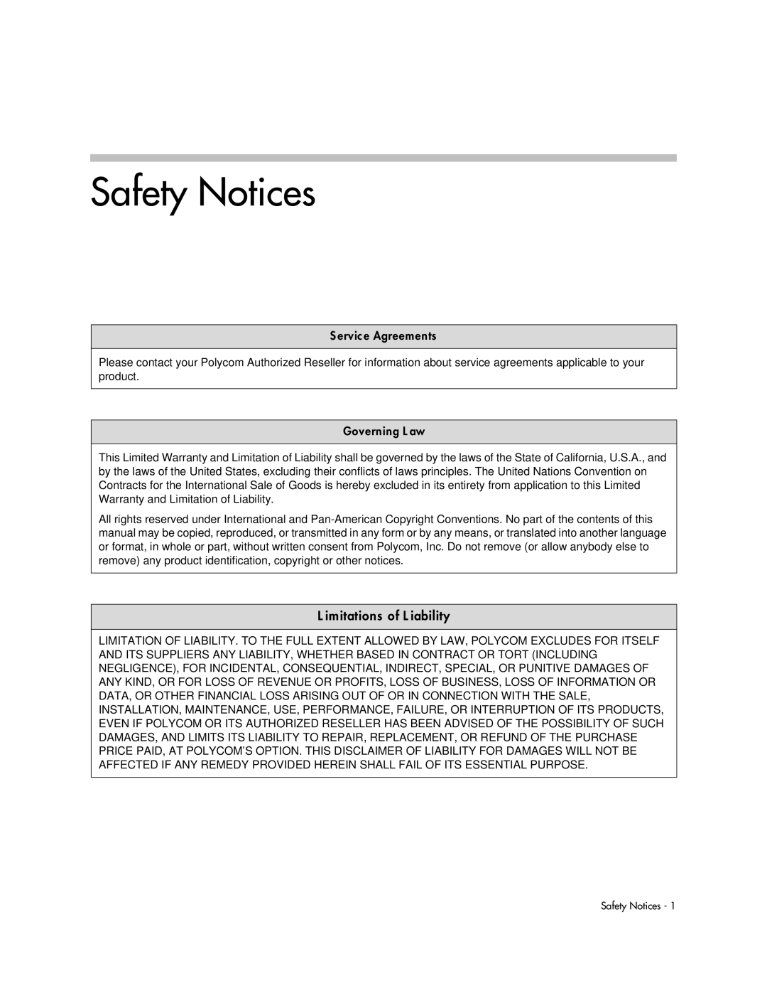 Polycom 1725-32504-001 manual Safety Notices, Service Agreements, Governing Law 