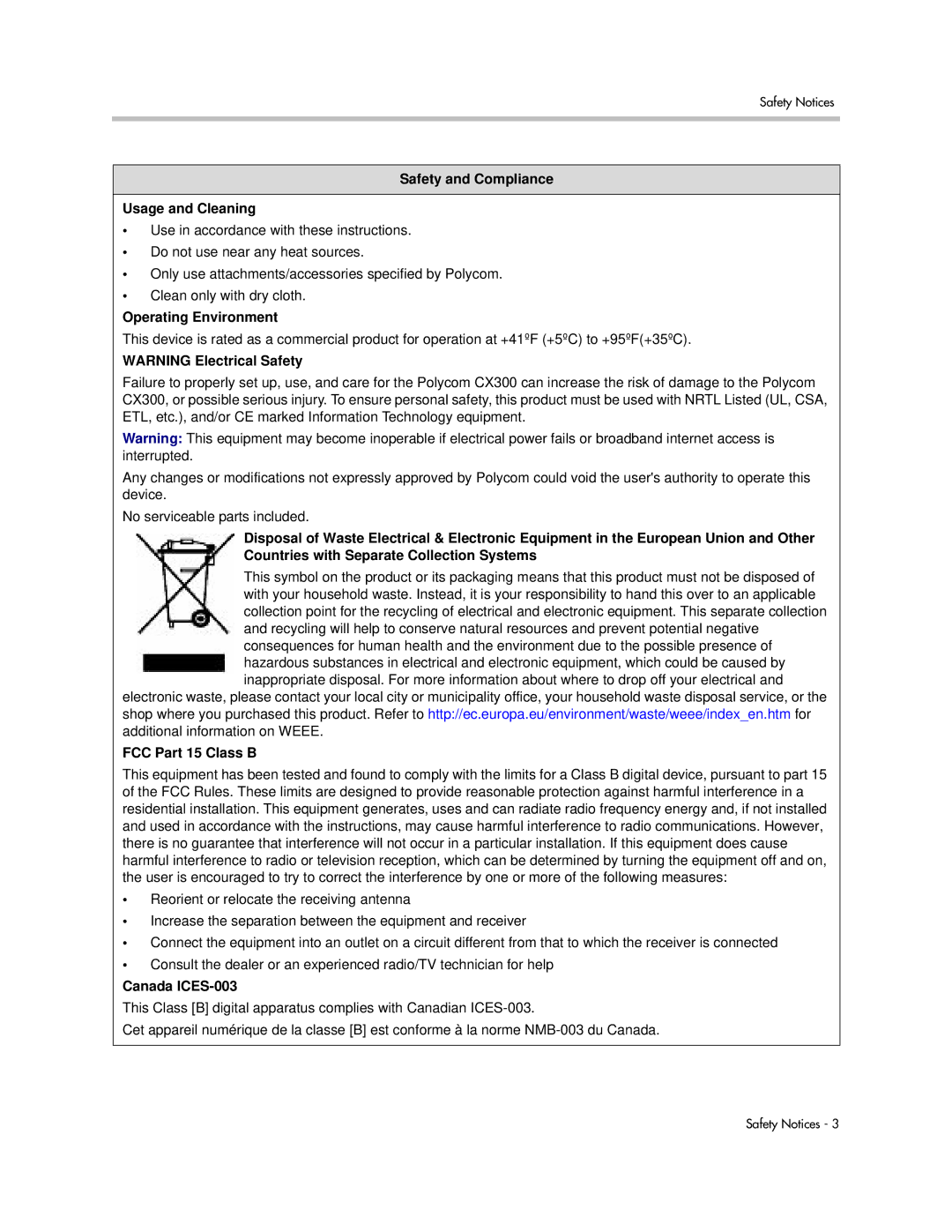 Polycom 1725-32504-001 manual Safety and Compliance Usage and Cleaning, Operating Environment, FCC Part 15 Class B 