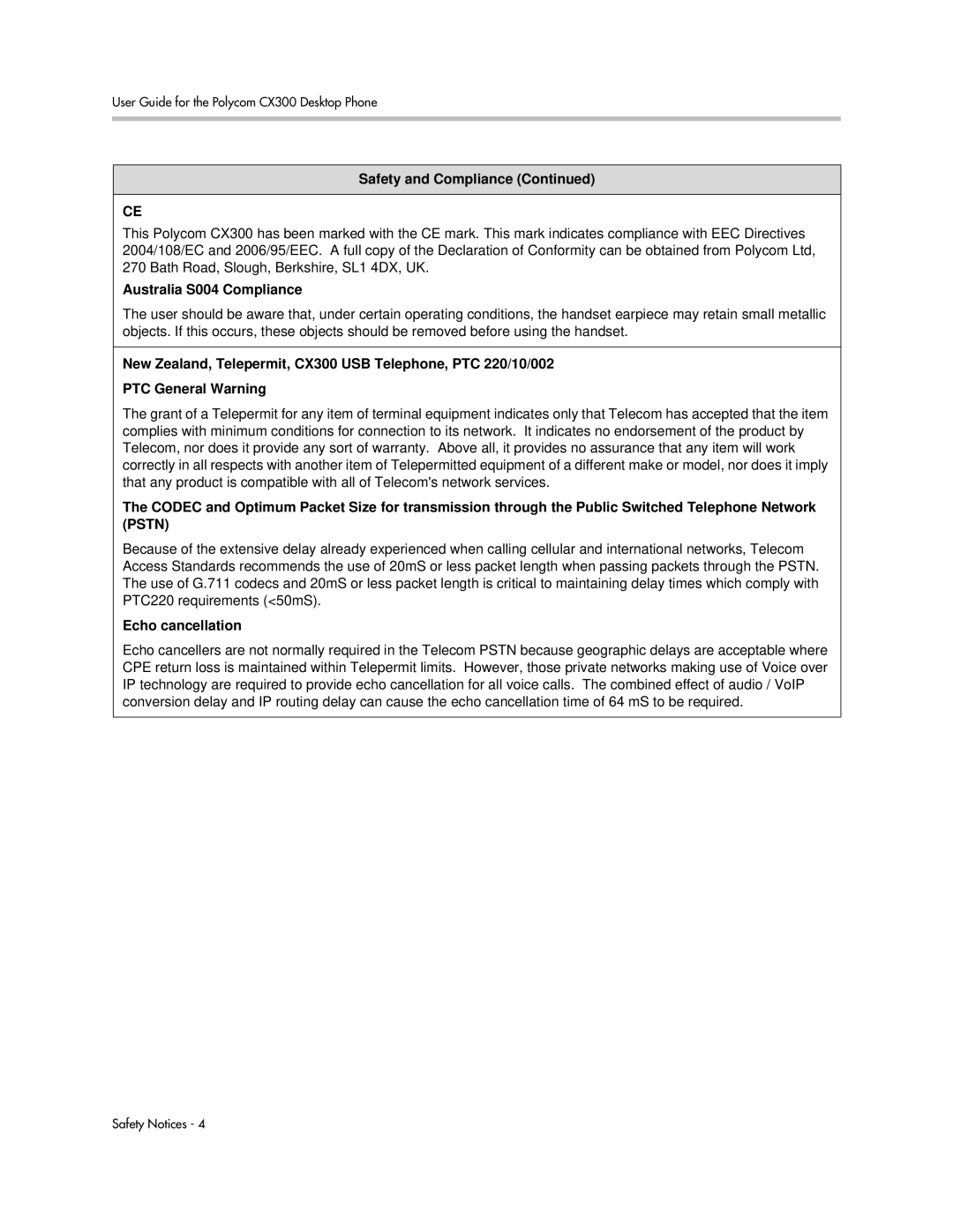 Polycom 1725-32504-001 manual Safety and Compliance Australia S004 Compliance, Echo cancellation 