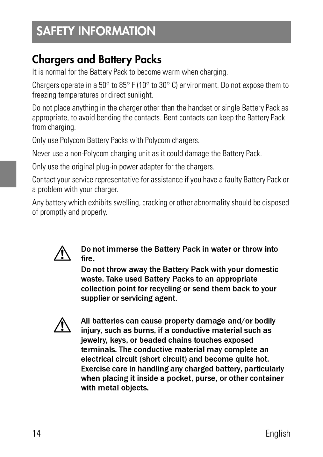 Polycom 1725-36024-001 manual Safety Information, Chargers and Battery Packs 