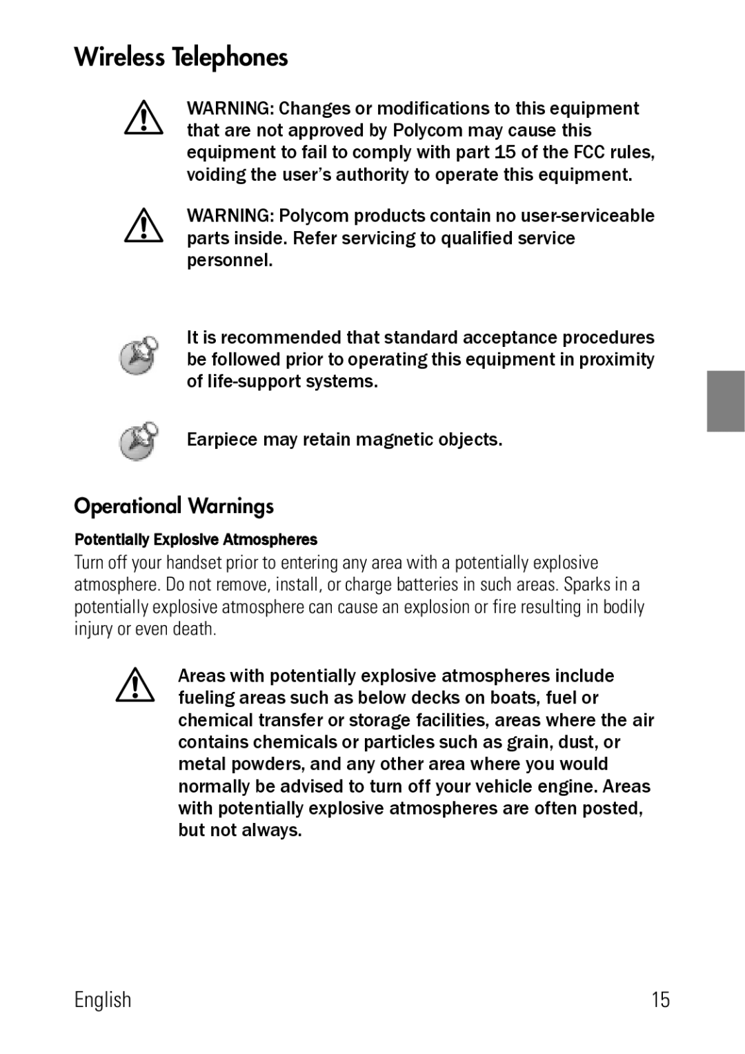 Polycom 1725-36024-001 manual Wireless Telephones, Operational Warnings, Potentially Explosive Atmospheres 