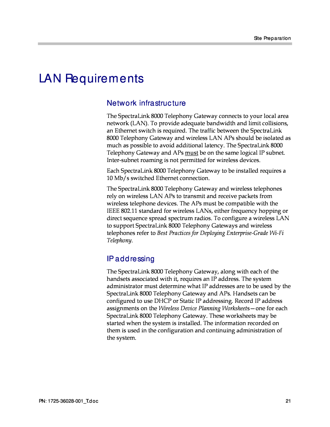 Polycom 1725-36028-001 manual LAN Requirements, Network infrastructure, IP addressing 