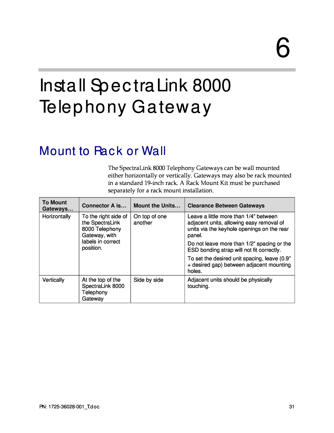 Polycom 1725-36028-001 manual Install SpectraLink 8000 Telephony Gateway, Mount to Rack or Wall, To Mount, Connector A is… 