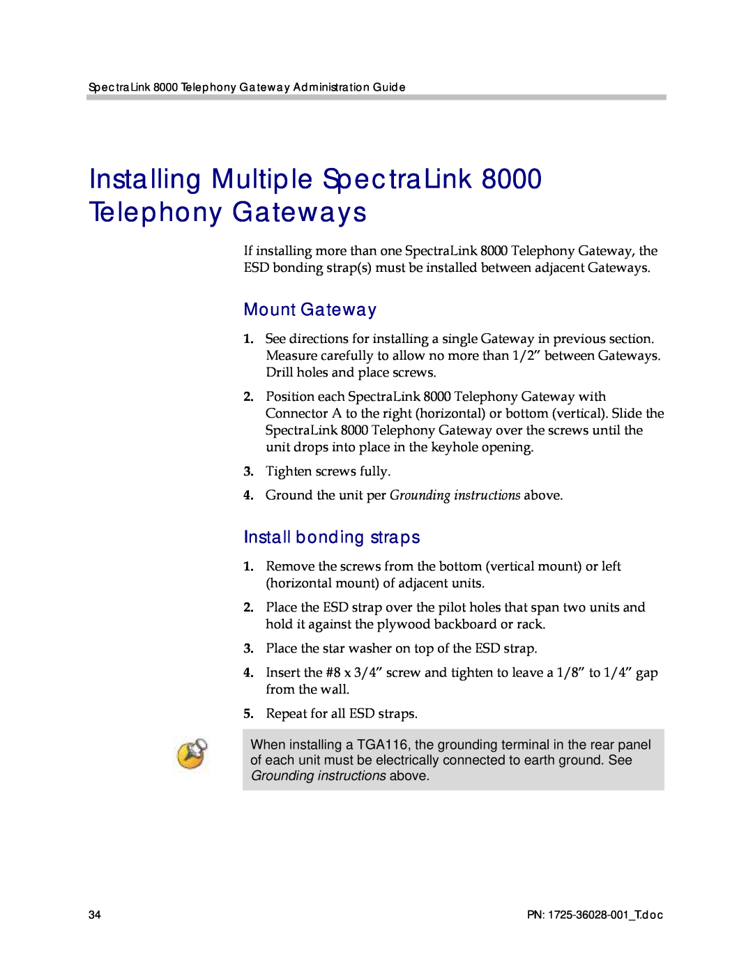 Polycom 1725-36028-001 Installing Multiple SpectraLink 8000 Telephony Gateways, Mount Gateway, Install bonding straps 