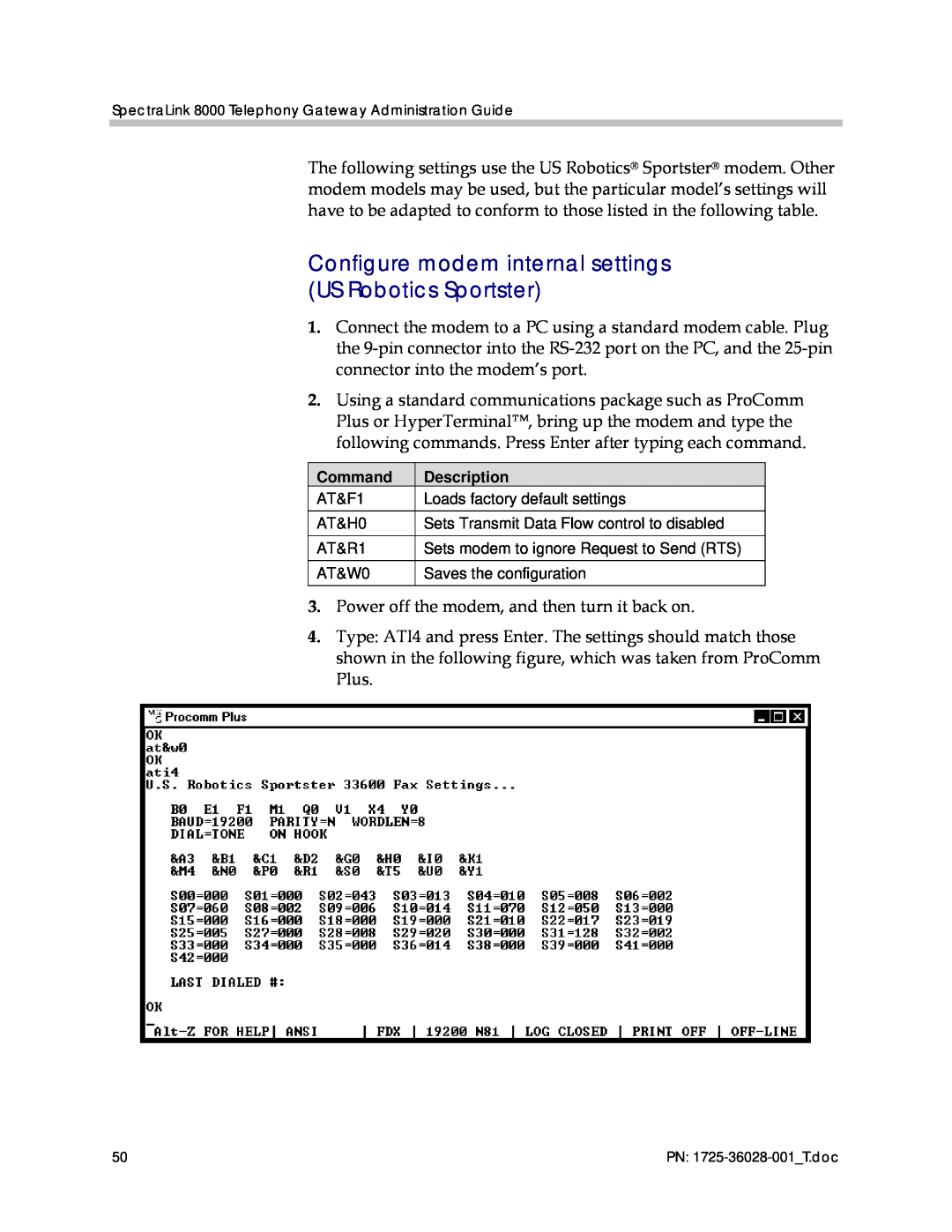 Polycom 1725-36028-001 manual Configure modem internal settings US Robotics Sportster 