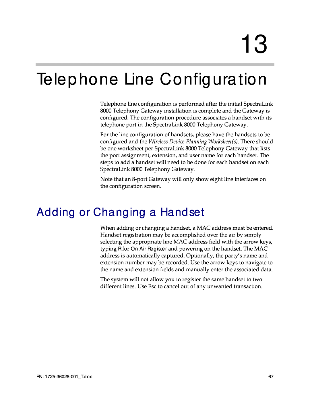 Polycom 1725-36028-001 manual Telephone Line Configuration, Adding or Changing a Handset 
