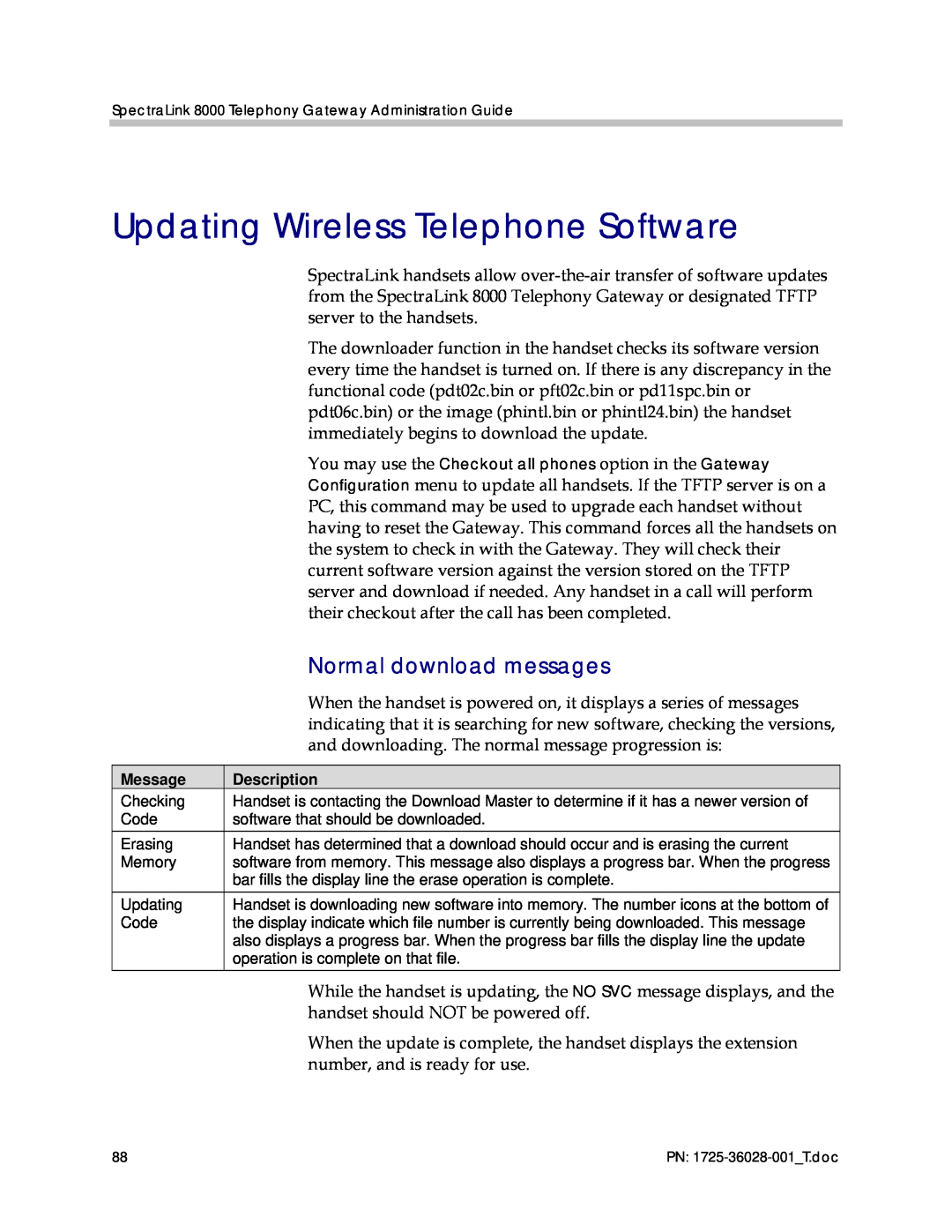 Polycom 1725-36028-001 manual Updating Wireless Telephone Software, Normal download messages 