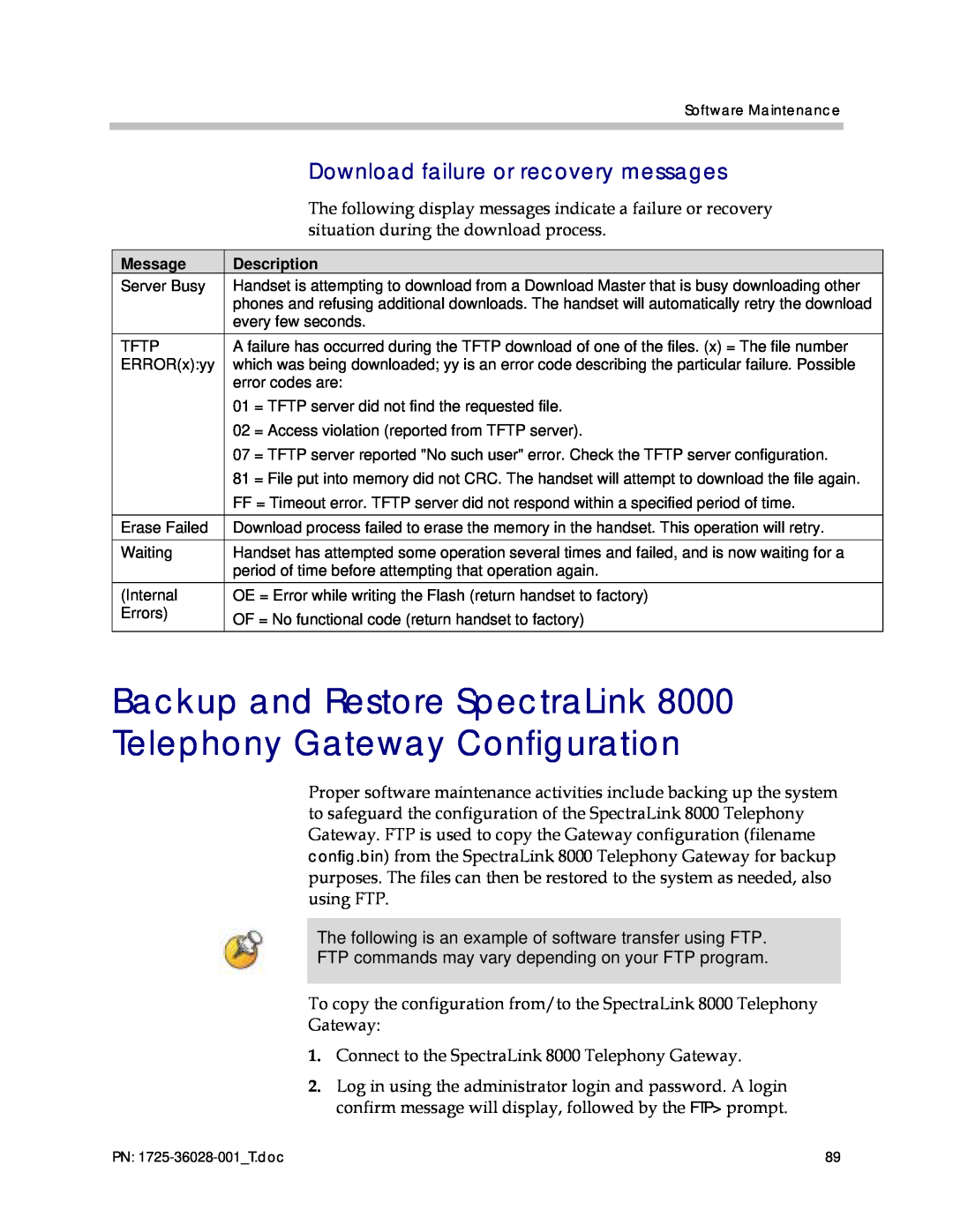 Polycom 1725-36028-001 manual Backup and Restore SpectraLink 8000 Telephony Gateway Configuration 