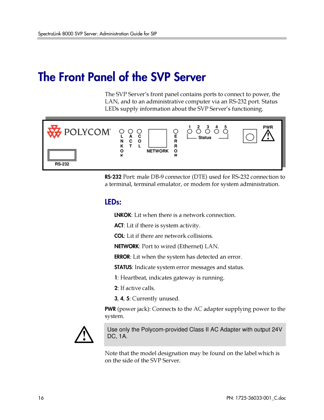 Polycom 1725-36033-001 manual Front Panel of the SVP Server, LEDs 