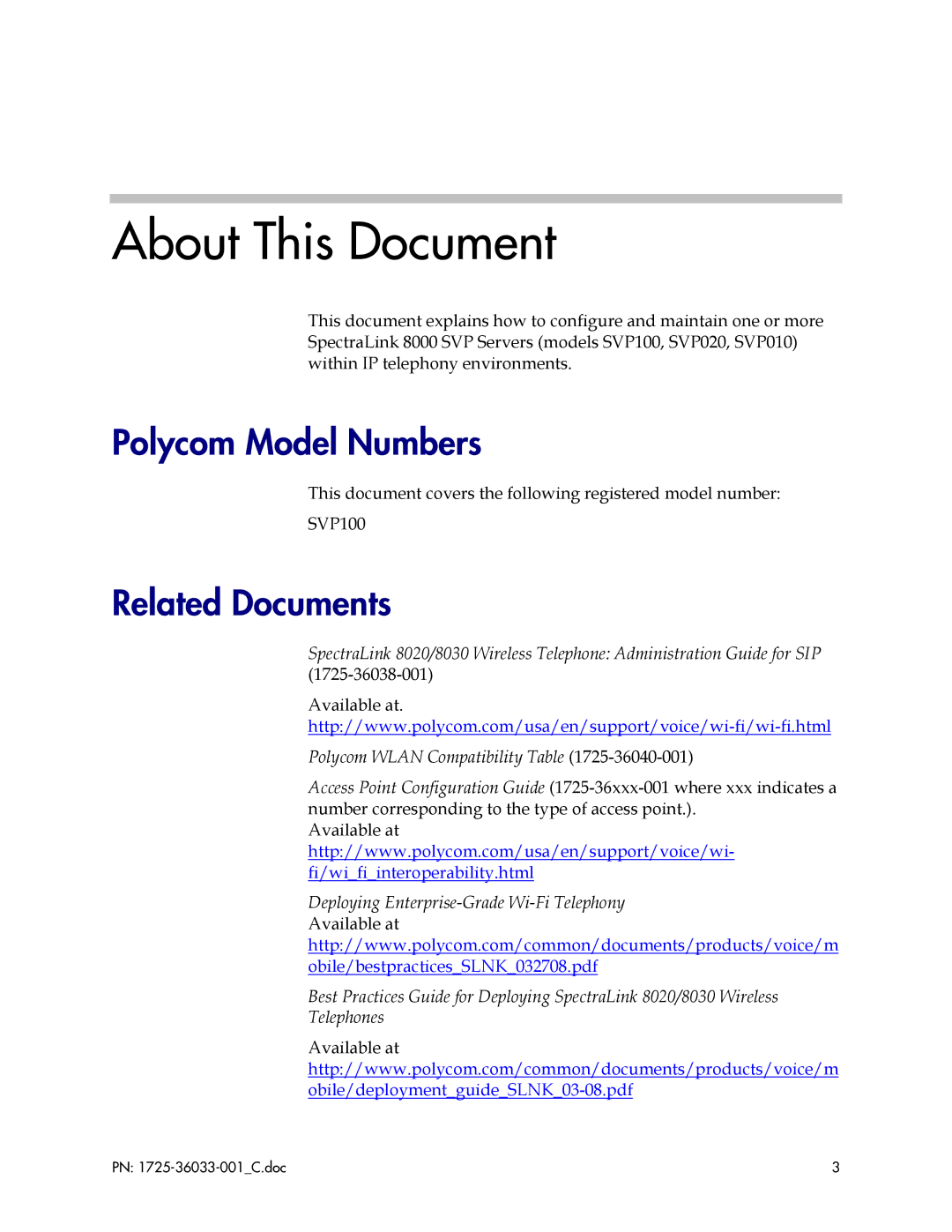 Polycom 1725-36033-001 manual About This Document, Polycom Model Numbers, Related Documents 