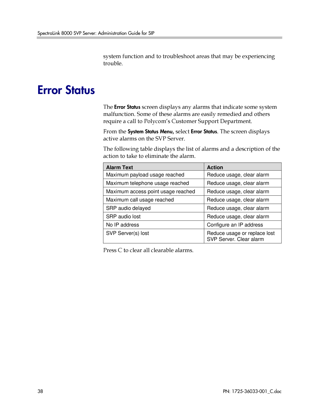 Polycom 1725-36033-001 manual Error Status, Alarm Text Action 