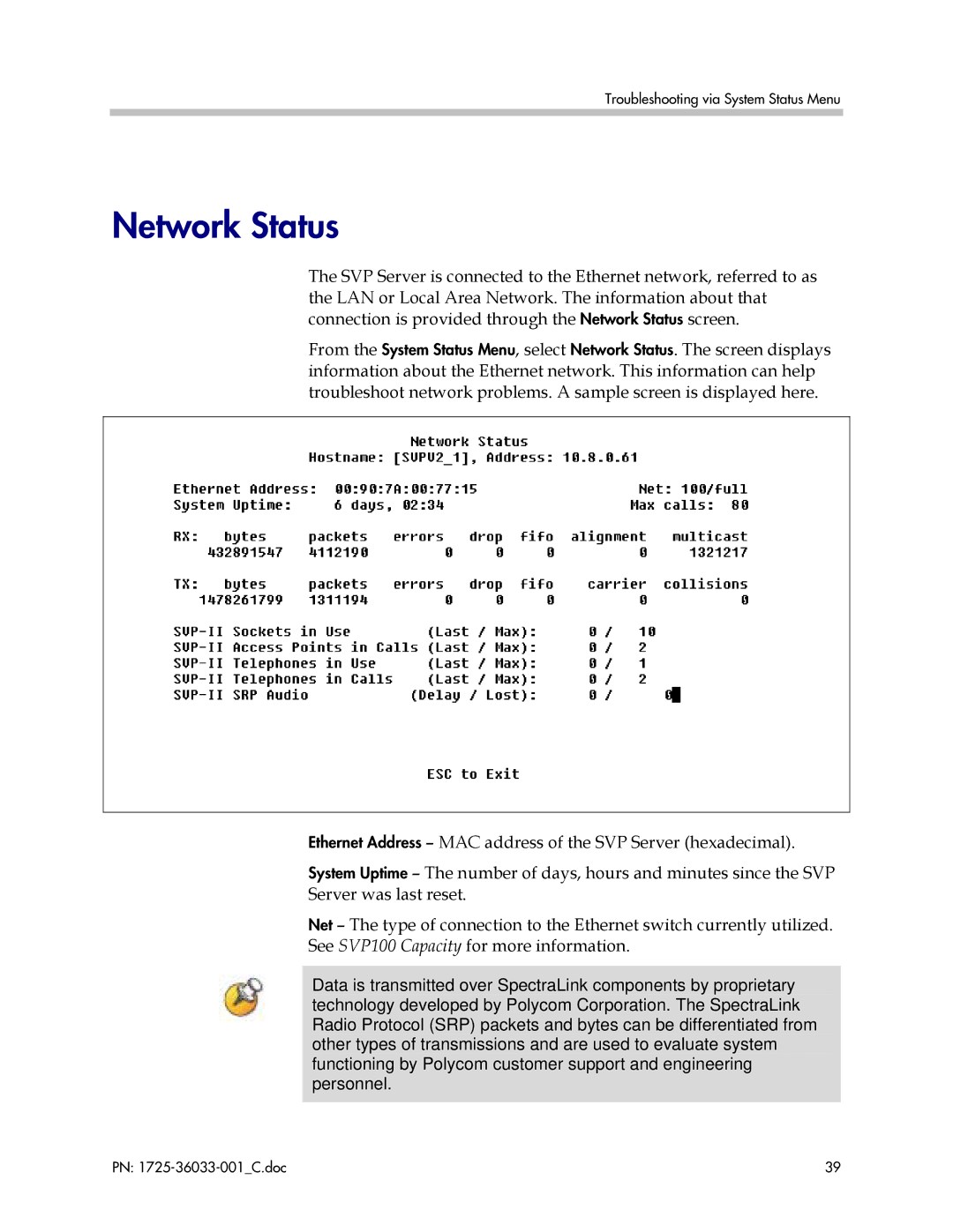 Polycom 1725-36033-001 manual Network Status 