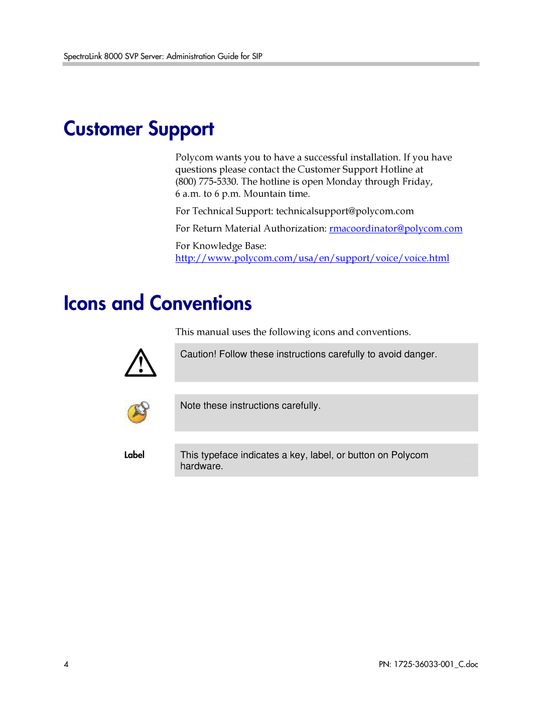 Polycom 1725-36033-001 manual Customer Support, Icons and Conventions 