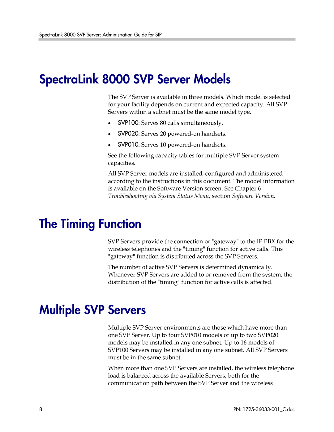 Polycom 1725-36033-001 manual SpectraLink 8000 SVP Server Models, Timing Function, Multiple SVP Servers 