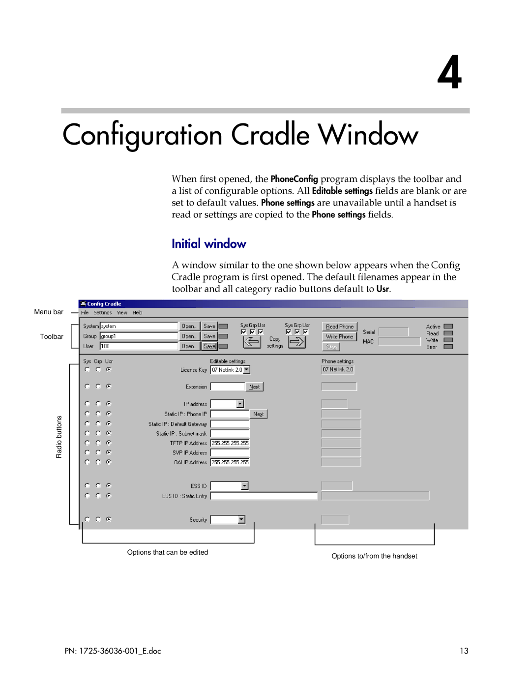 Polycom 1725-36036-001_E manual Configuration Cradle Window, Initial window 