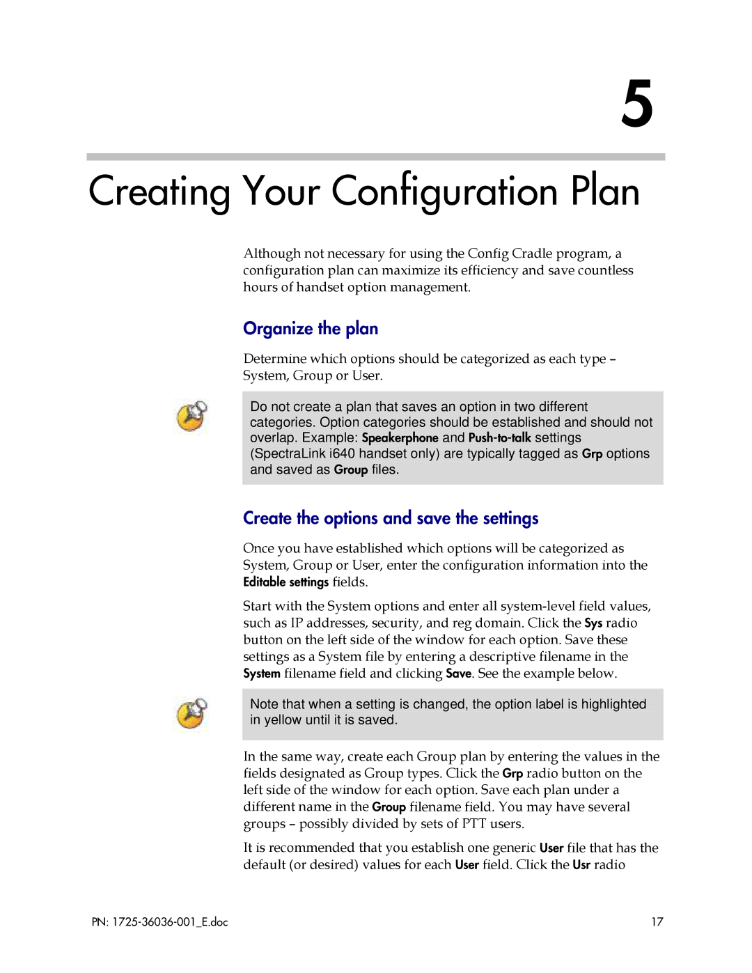 Polycom 1725-36036-001_E Creating Your Configuration Plan, Organize the plan, Create the options and save the settings 