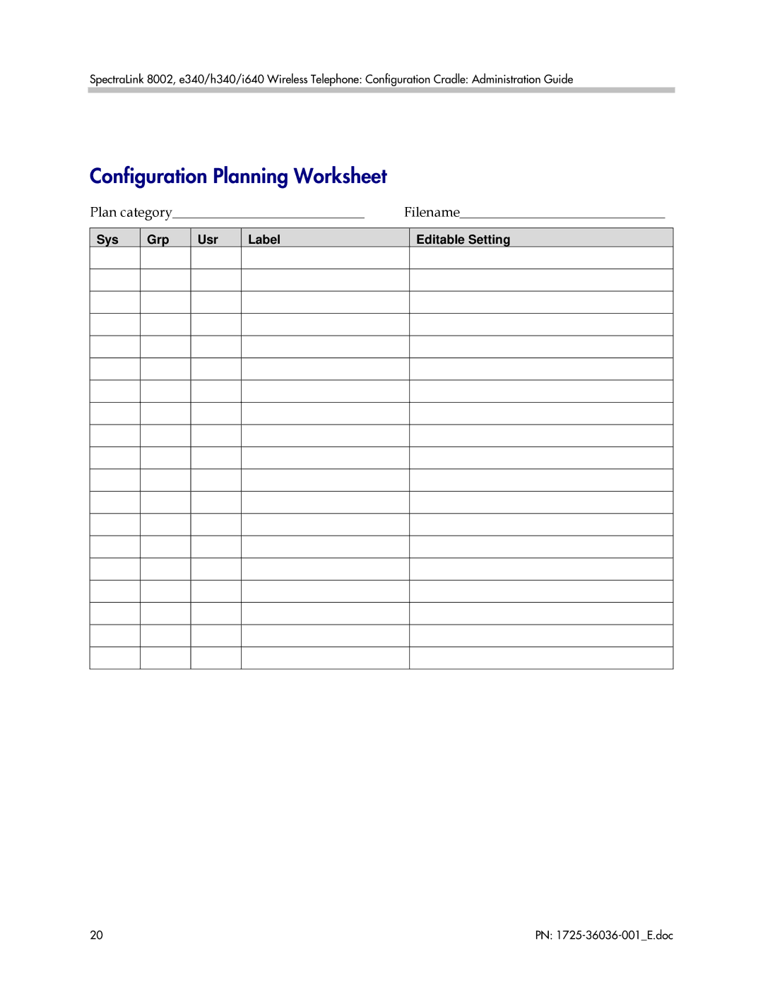 Polycom 1725-36036-001_E manual Configuration Planning Worksheet 