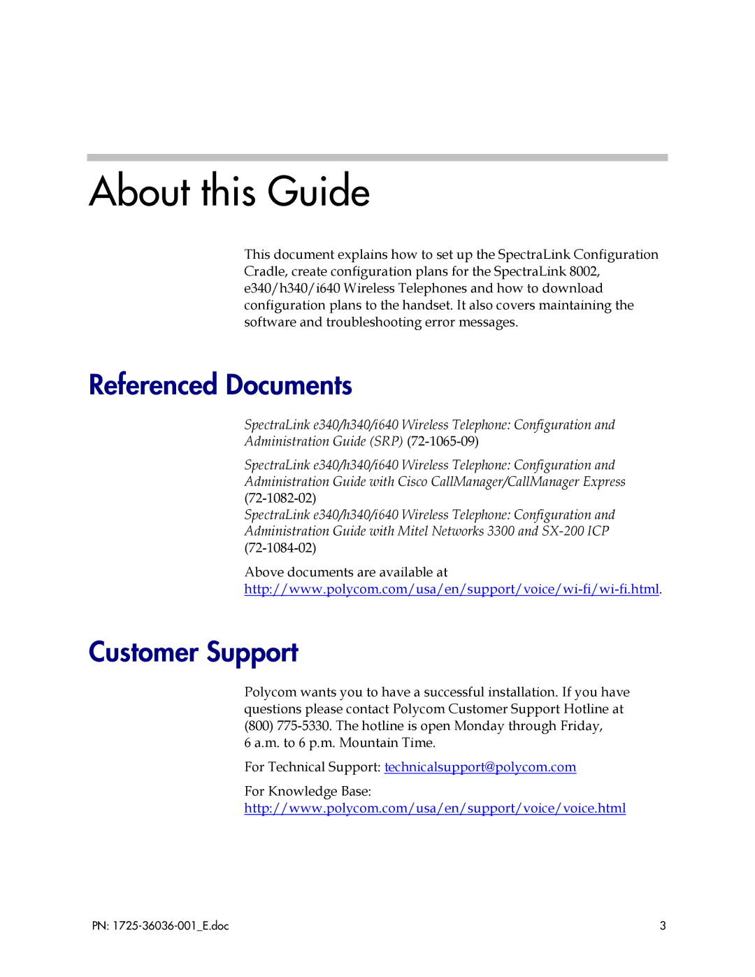 Polycom 1725-36036-001_E manual About this Guide, Referenced Documents, Customer Support 