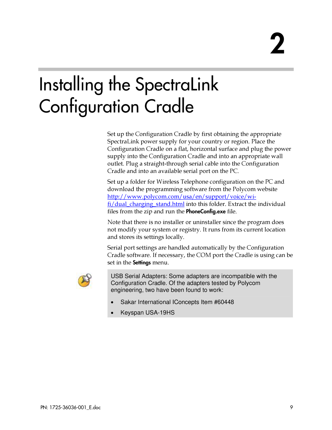 Polycom 1725-36036-001_E manual Installing the SpectraLink Configuration Cradle 