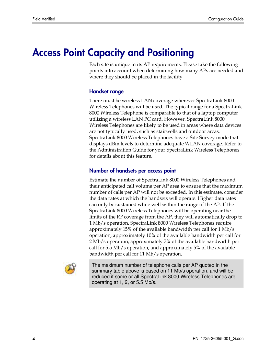 Polycom 1725-36055-001 manual Access Point Capacity and Positioning, Handset range, Number of handsets per access point 