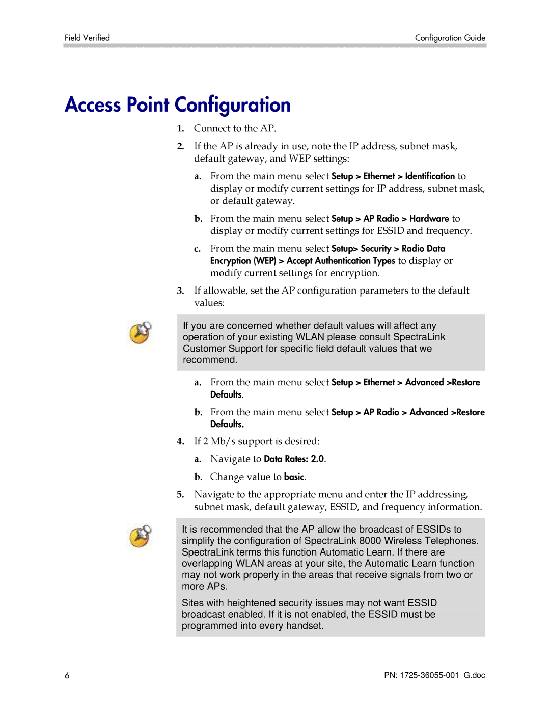 Polycom 1725-36055-001 manual Access Point Configuration, If 2 Mb/s support is desired, Change value to basic 