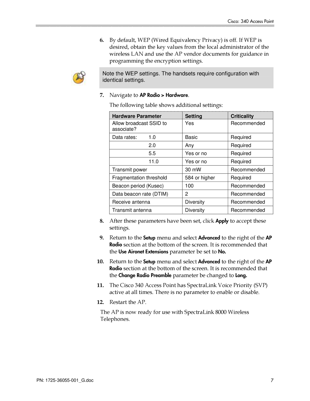 Polycom 1725-36055-001 manual Following table shows additional settings, Hardware Parameter 