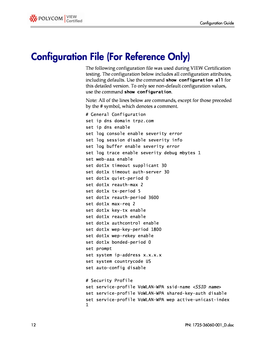 Polycom 1725-36060-001 manual Configuration File For Reference Only 